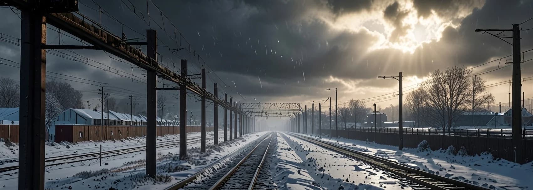 Snowy railway tracks under stormy weather conditions