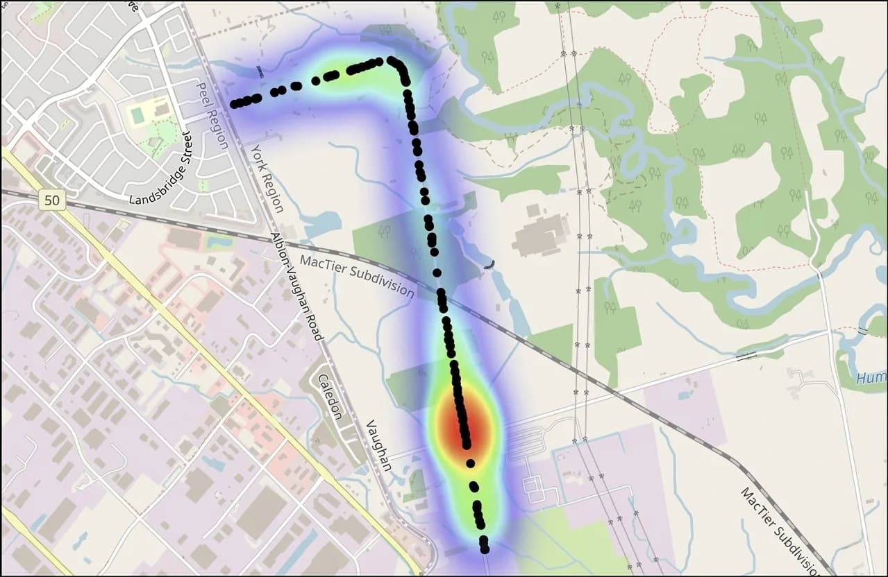 Road condition monitoring dashboard map showing pavement defects and geospatial asset points across a network