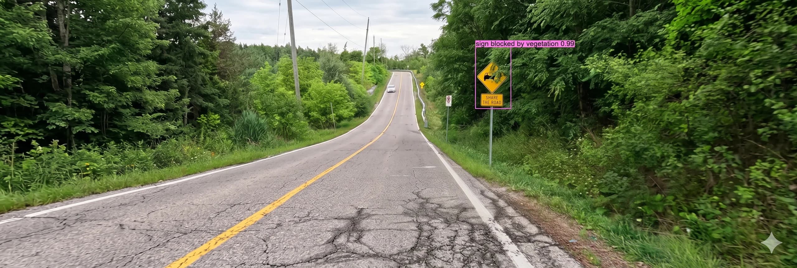 Vehicle-mounted road inspection and pavement monitoring with an AI-detected traffic sign