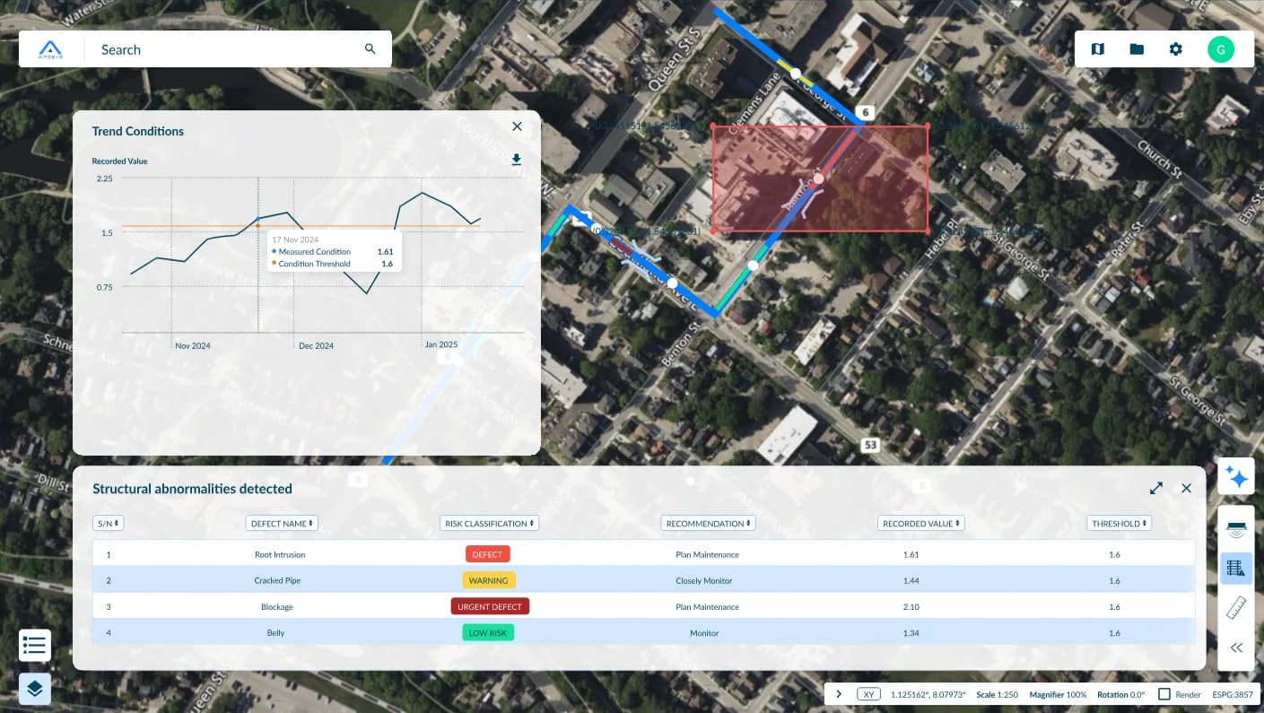 Sewer monitoring dashboard showing pipeline routes and structural anomaly detection