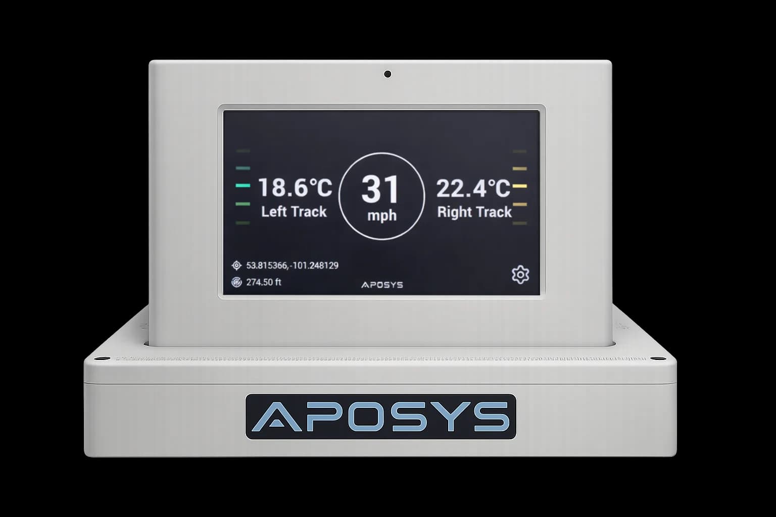 Apollo RailTemp onboard hardware unit displaying left and right rail temperatures and speed