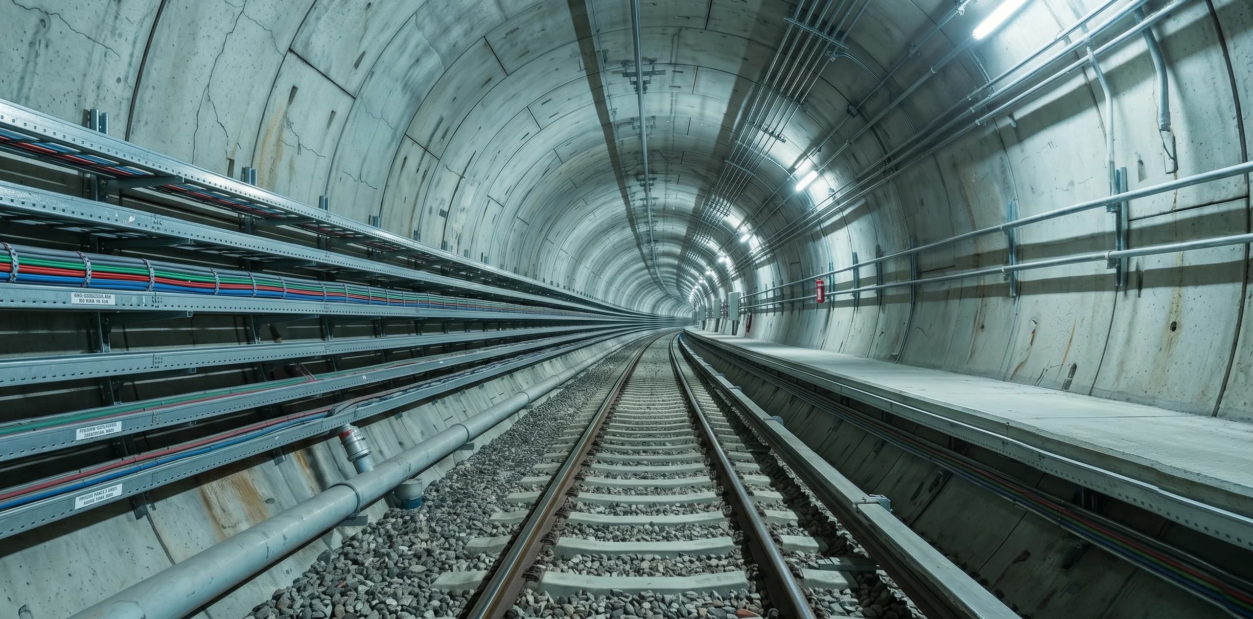 Rail tunnel interior with inspection-ready structural surfaces