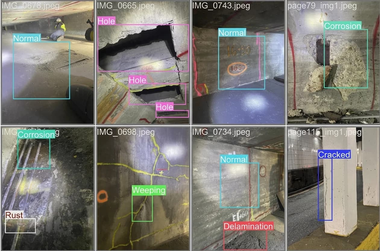 Examples of AI-classified tunnel inspection imagery