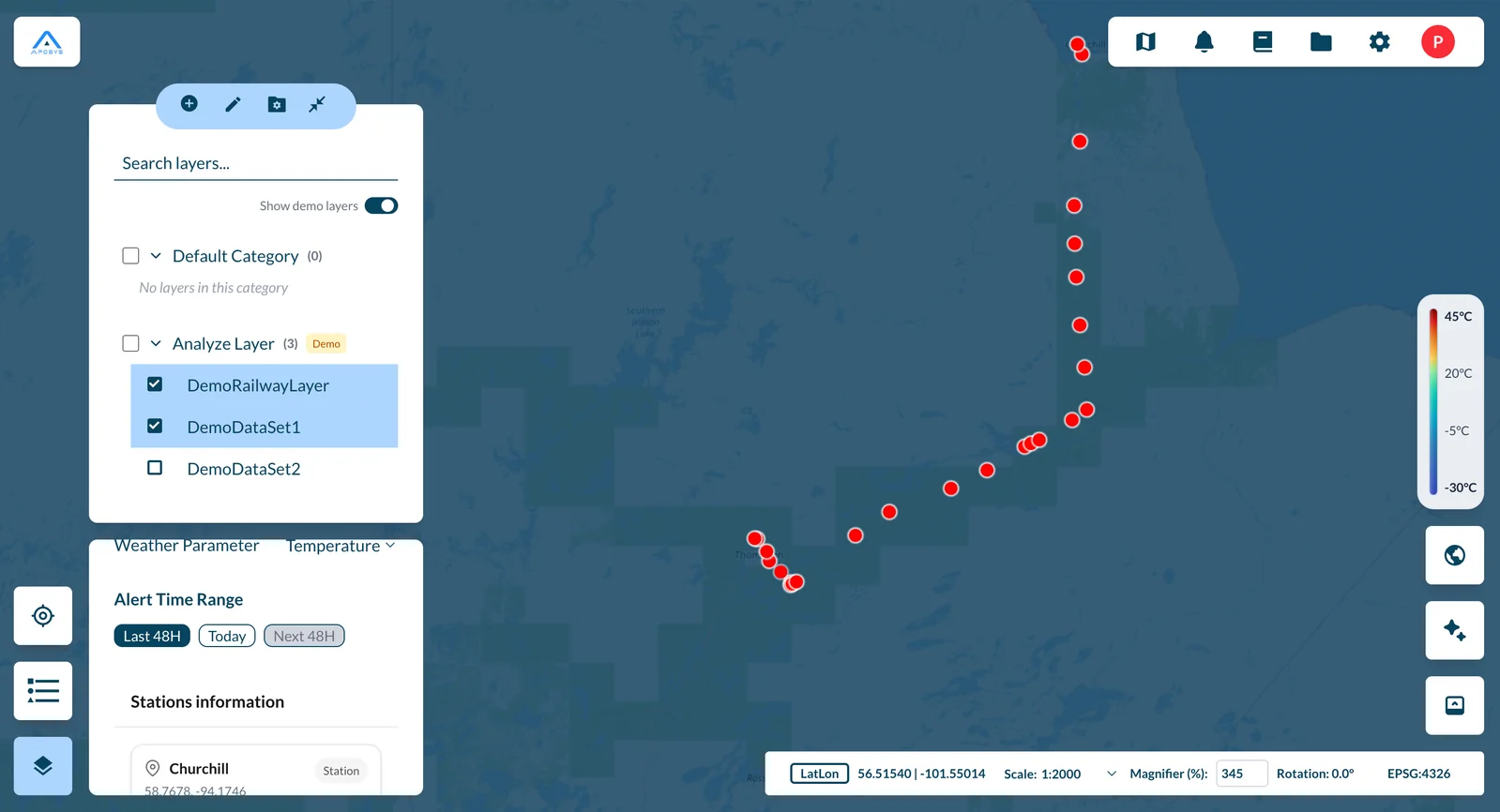 Weather alert dashboard showing geospatial map with weather parameters