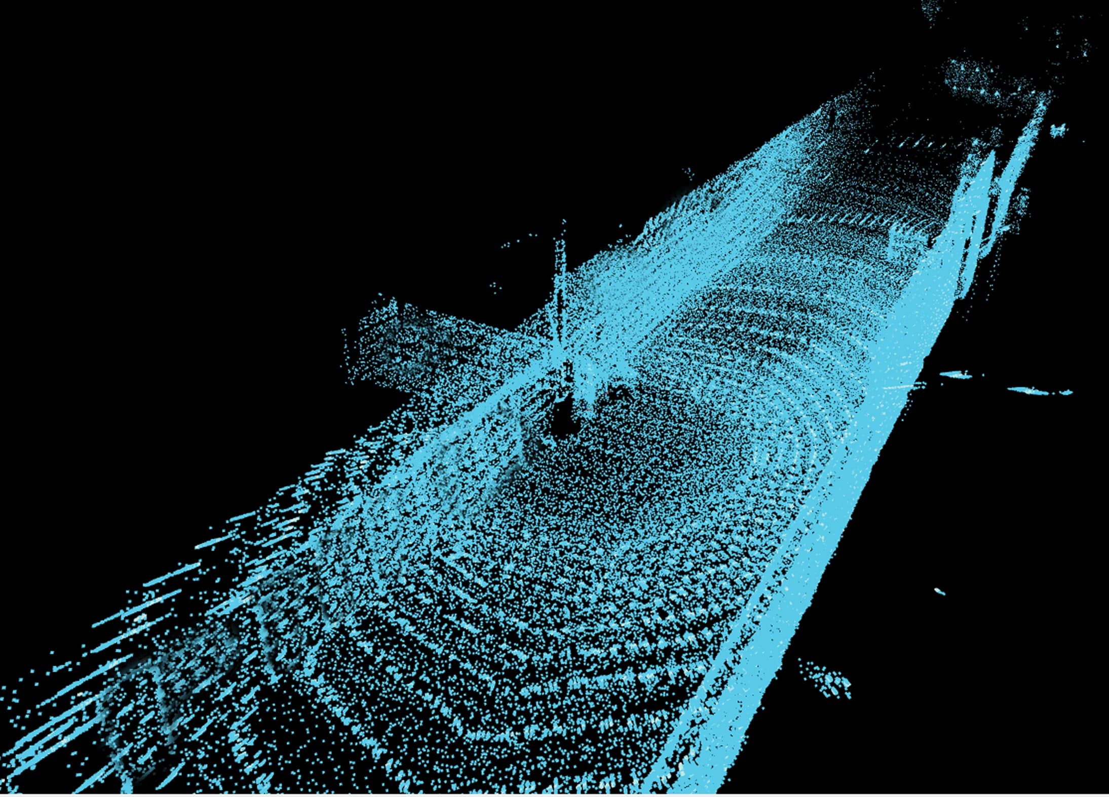 Cyan LiDAR point cloud scan of an underground mine tunnel